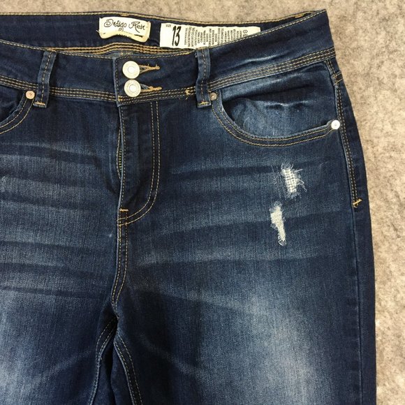 Indigo Rein Jeans 13 14 32 Mid Rise Skinny Ankle Dark Wash Distressed Raw Hem - Picture 5 of 13